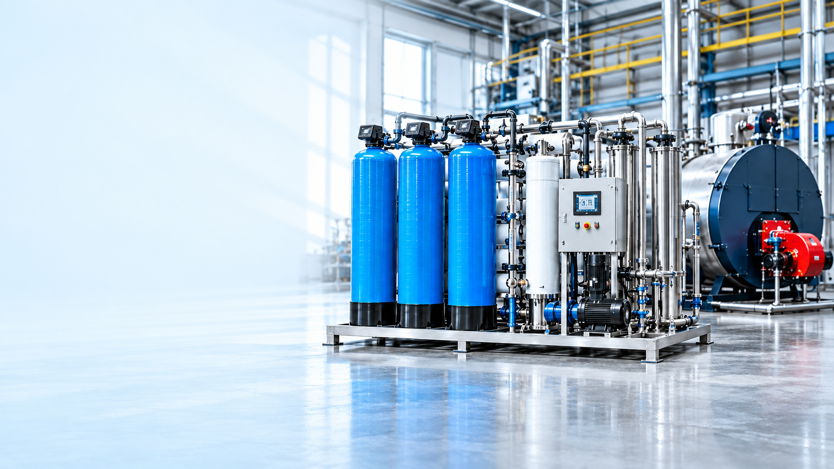 Illustrative boiler feedwater treatment equipment with pretreatment vessels and a boiler