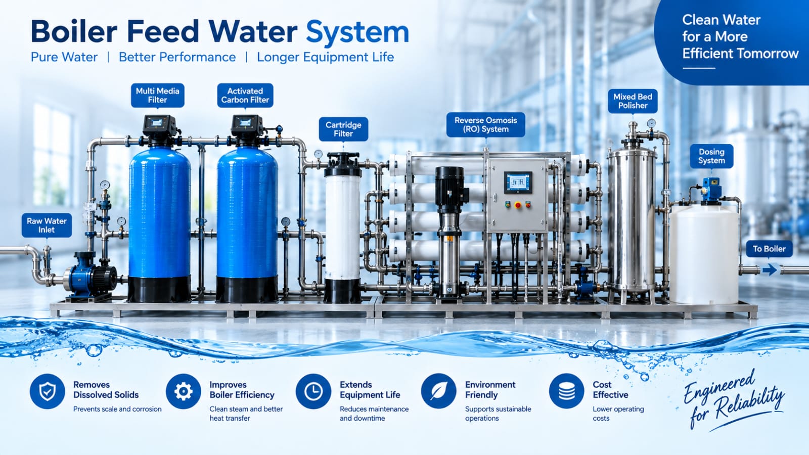 Boiler feed water system illustration showing raw water inlet, media and carbon filters, cartridge filter, RO, mixed bed polisher and dosing system