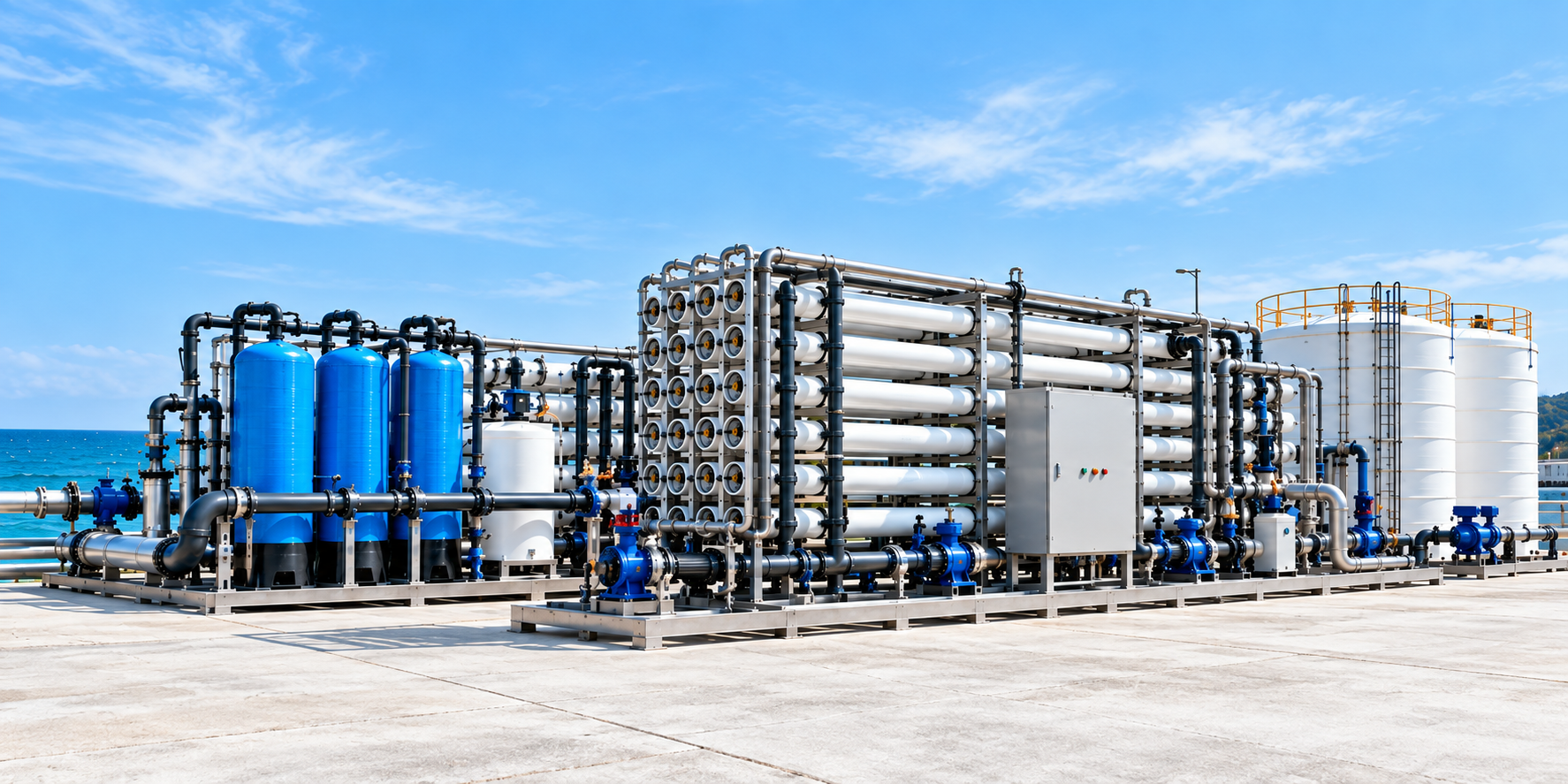 Illustrative coastal seawater desalination plant with blue pretreatment tanks, RO membrane skid and water storage tanks