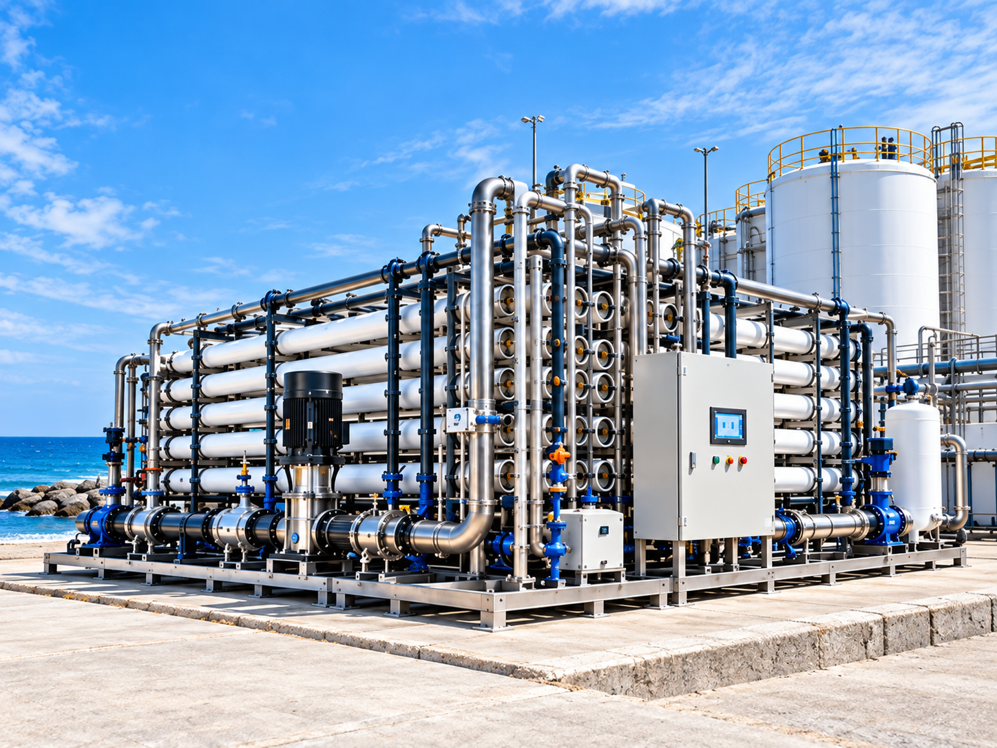 Illustrative seawater RO skid beside the ocean