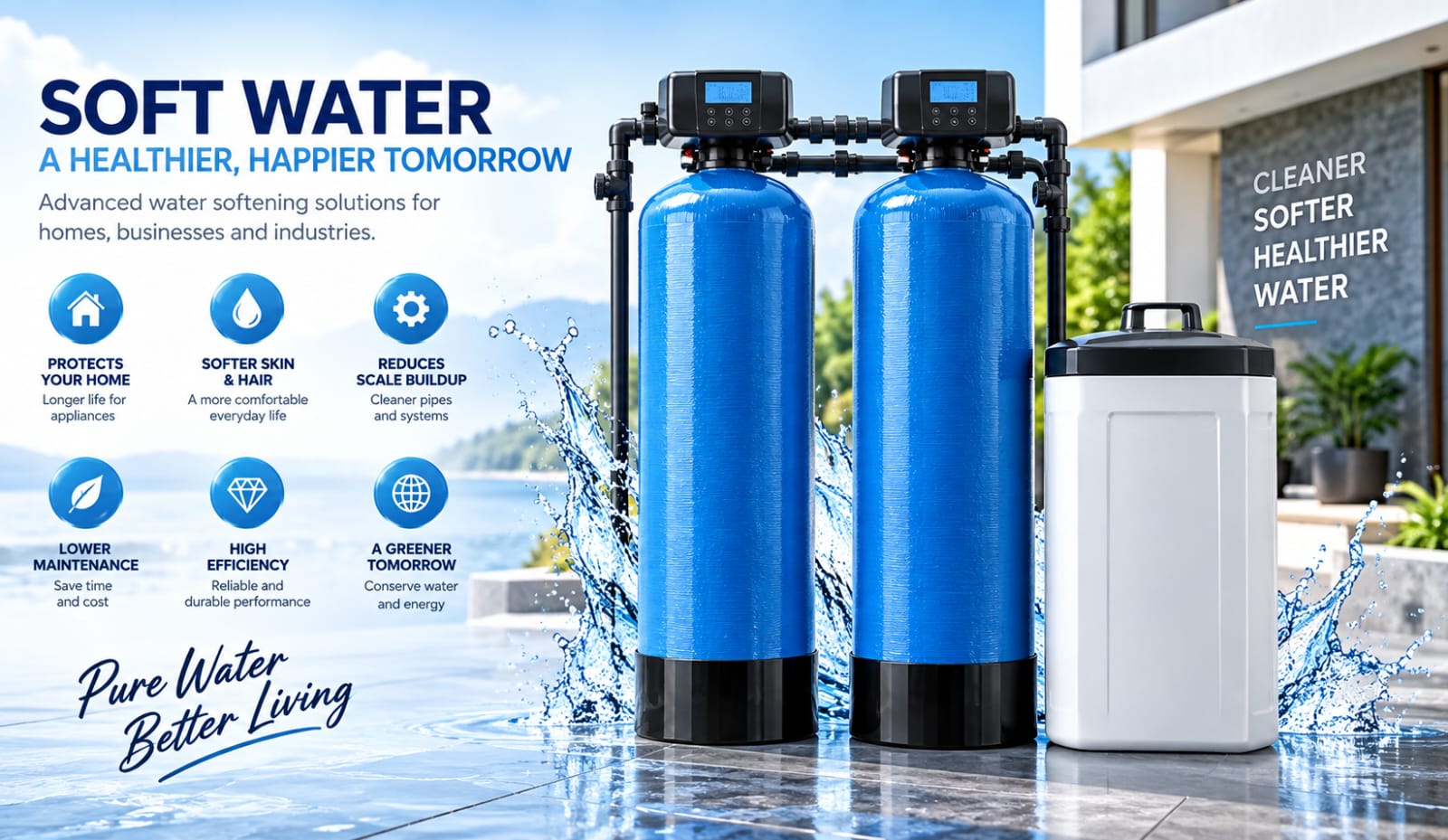 Soft water benefits with a duplex blue-vessel softener and salt tank