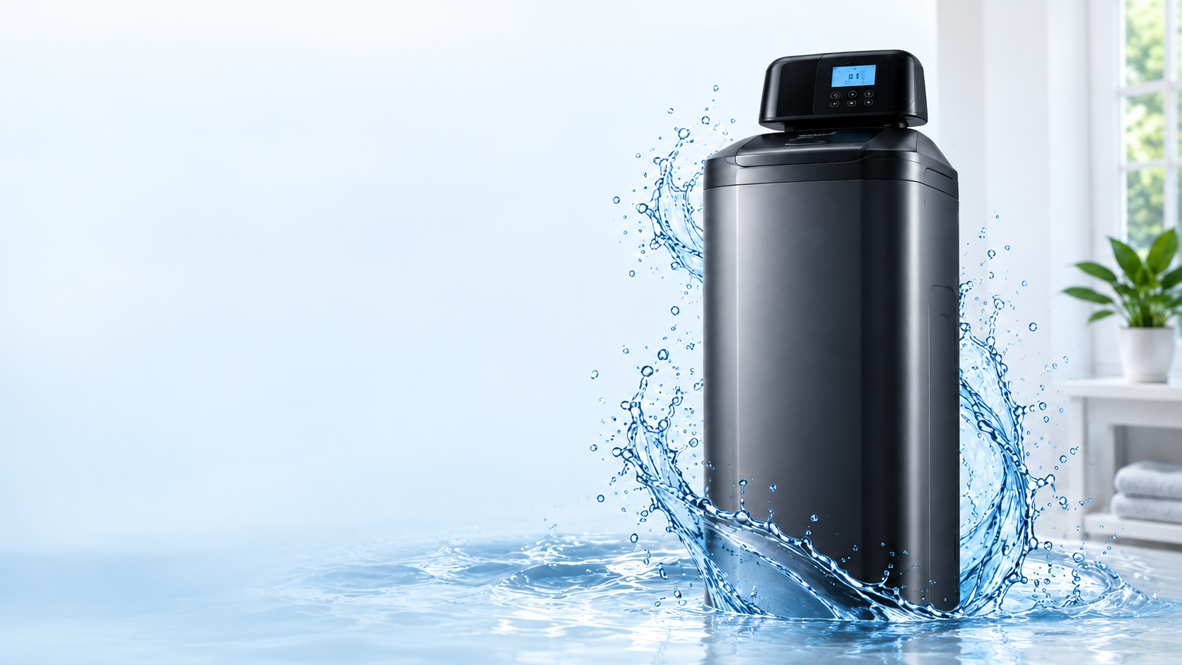 Black cabinet water softener with an automatic digital control valve