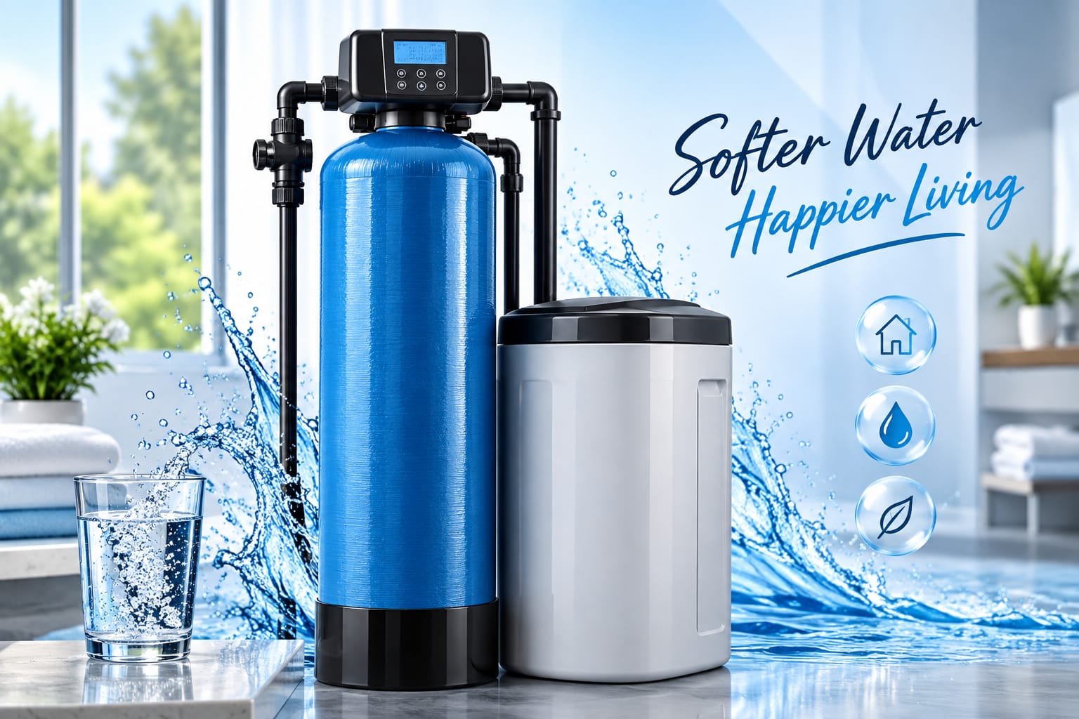 Softer Water Happier Living: blue water softener with a separate salt tank