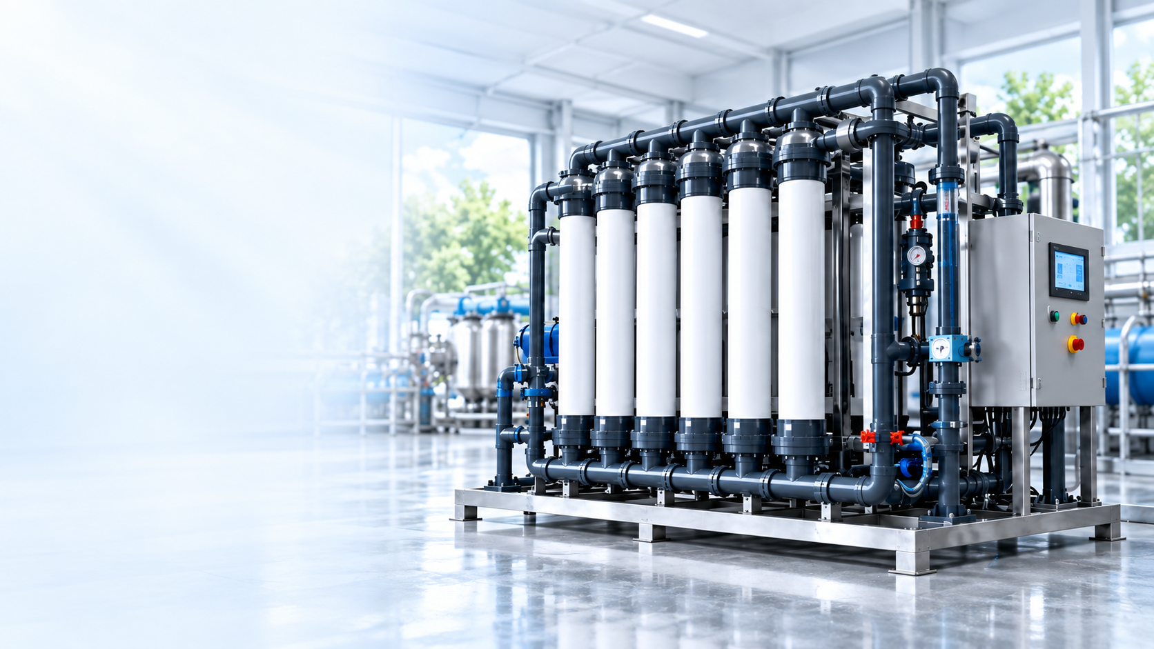 Ultrafiltration skid with vertical membrane modules, pipework and control panel